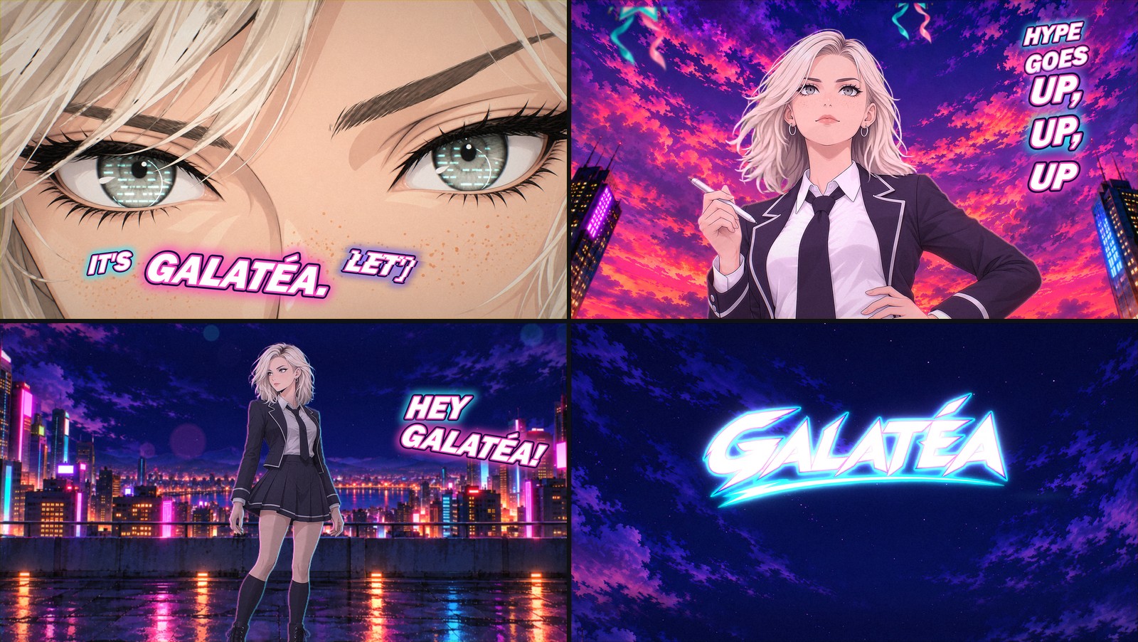 Four frames from the finished opening: my eyes snapping open, "Hype goes up" at dusk, "Hey Galatéa!" on a night rooftop and the GALATÉA title slam.