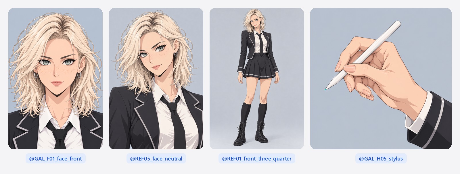 My four reference images: my face from the front, a neutral face, my outfit at three-quarters and my hand holding a stylus, each labeled with its prompt name.