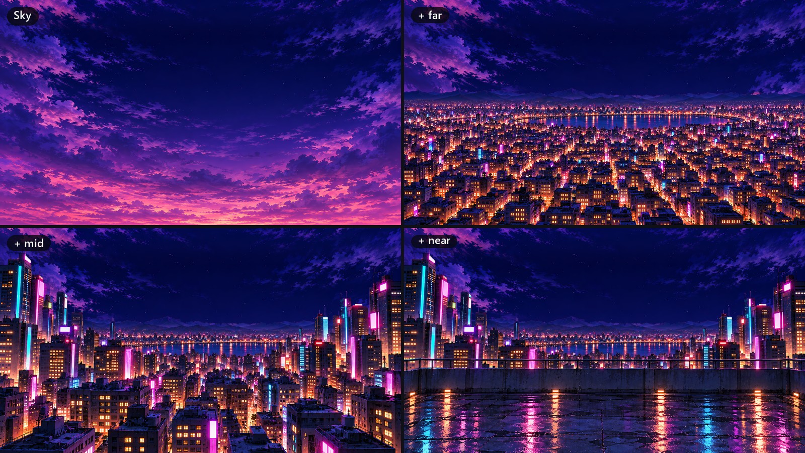 The night rooftop stage built up in four steps: the sky, then the far city, the middle city and the near rooftop.