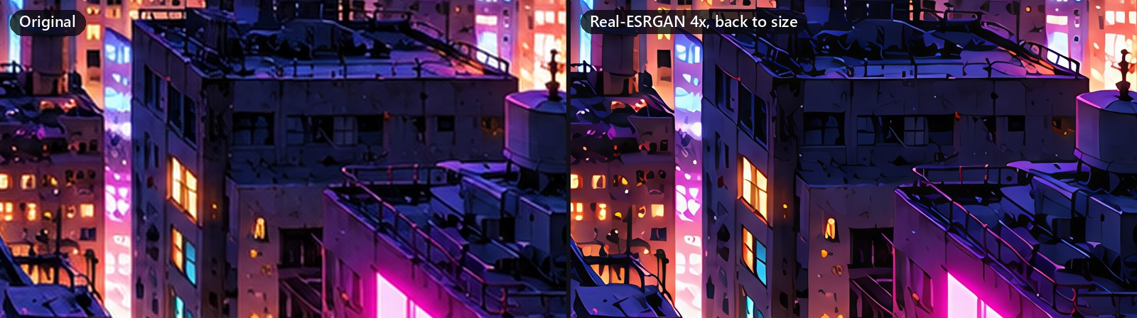 The same crop of a painted city background before and after the upscaler. The upscaled side has crisper edges and window lights.