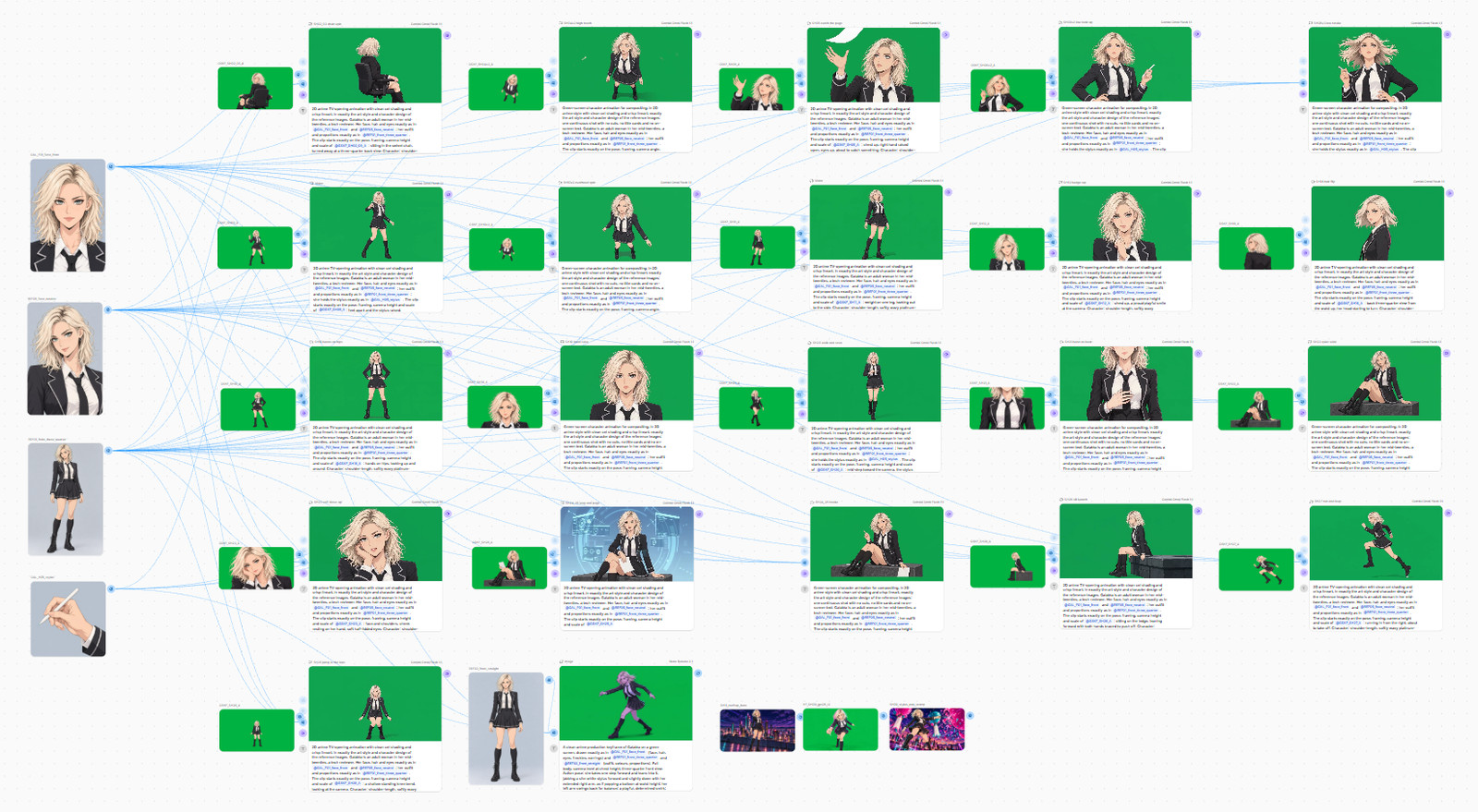 The ElevenLabs Flows canvas for the whole shoot: four reference images on the left, wired into rows of keyframe and video nodes on green.