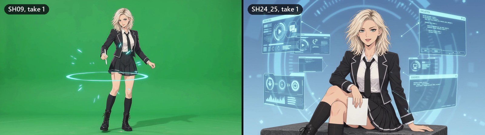 Two failed takes side by side: on the left, teal rings and sparks around me on the green screen. On the right, no green at all and a blue holographic backdrop.