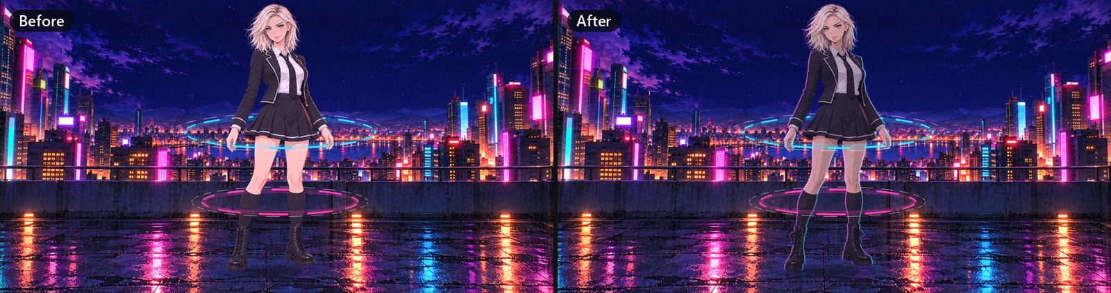Before and after the scene relight on a night rooftop. After, my body picks up the night's blue and neon rim light, and my face stays the same.