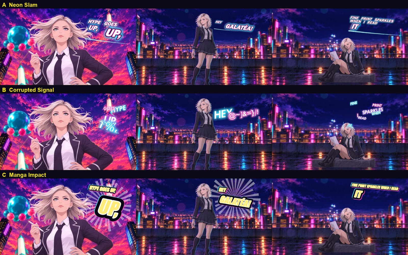 Three caption prototypes on the same three frames: a neon slam, a corrupted signal and a manga impact.