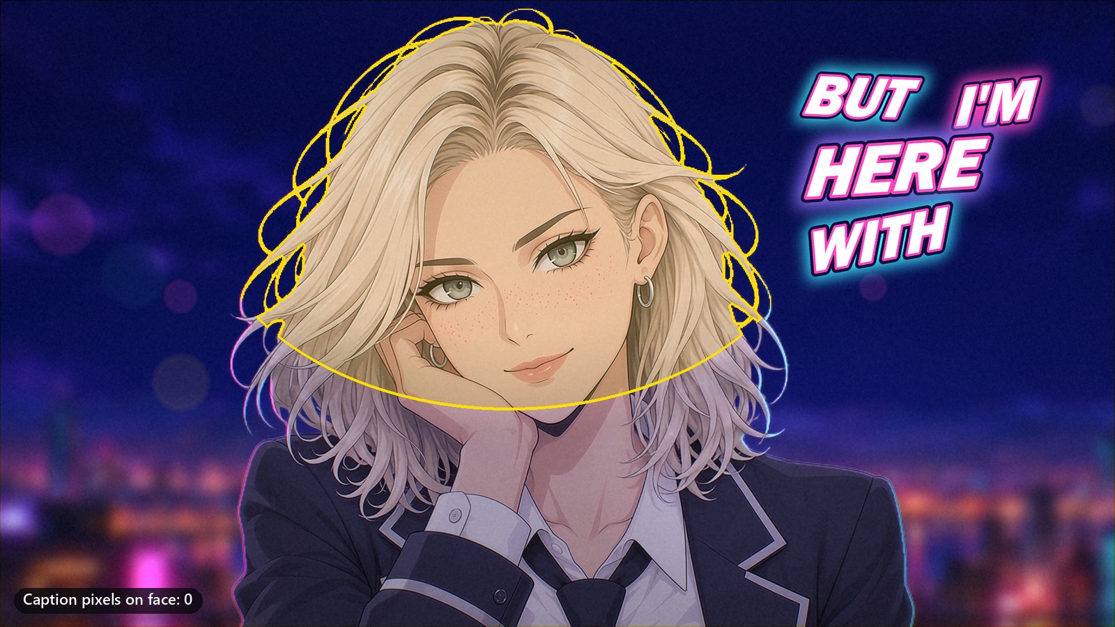 A close-up frame with my face and hair outlined in yellow and the caption "But I'm here with" clear of the outline.