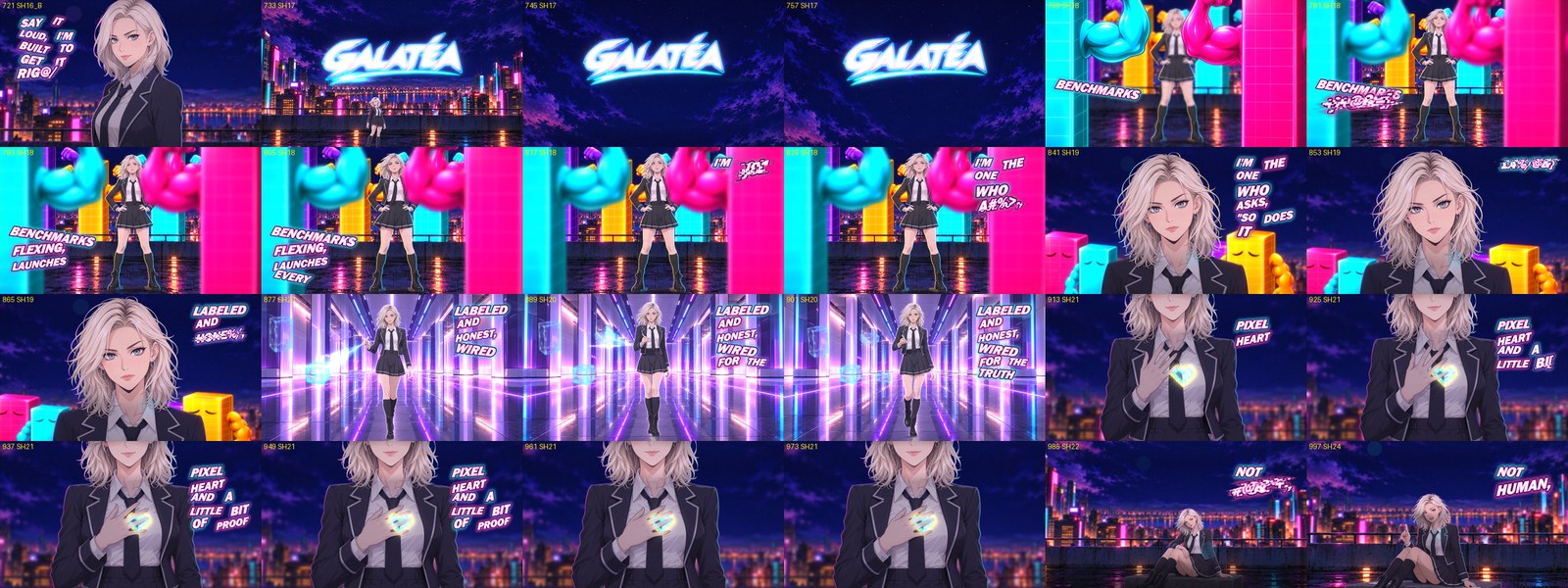 Four rows of a contact sheet from the final cut, from the GALATÉA title slam through the benchmark bars, the neon hall and the pixel heart.