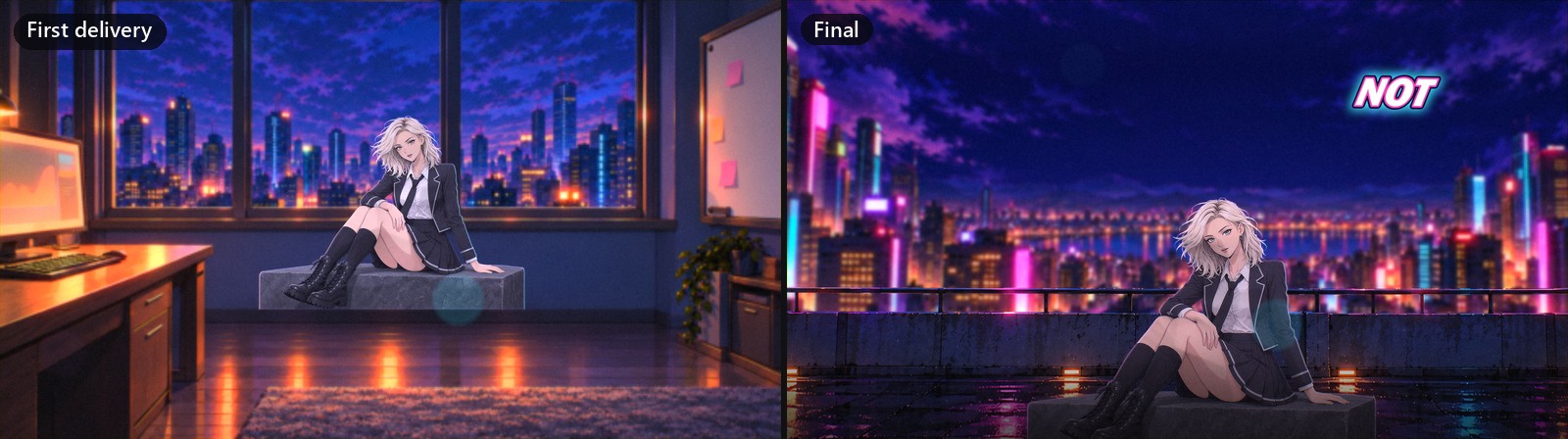 The same moment before and after my notes: a stone block inside my bedroom in the first delivery, and the block on a night rooftop in the final cut.
