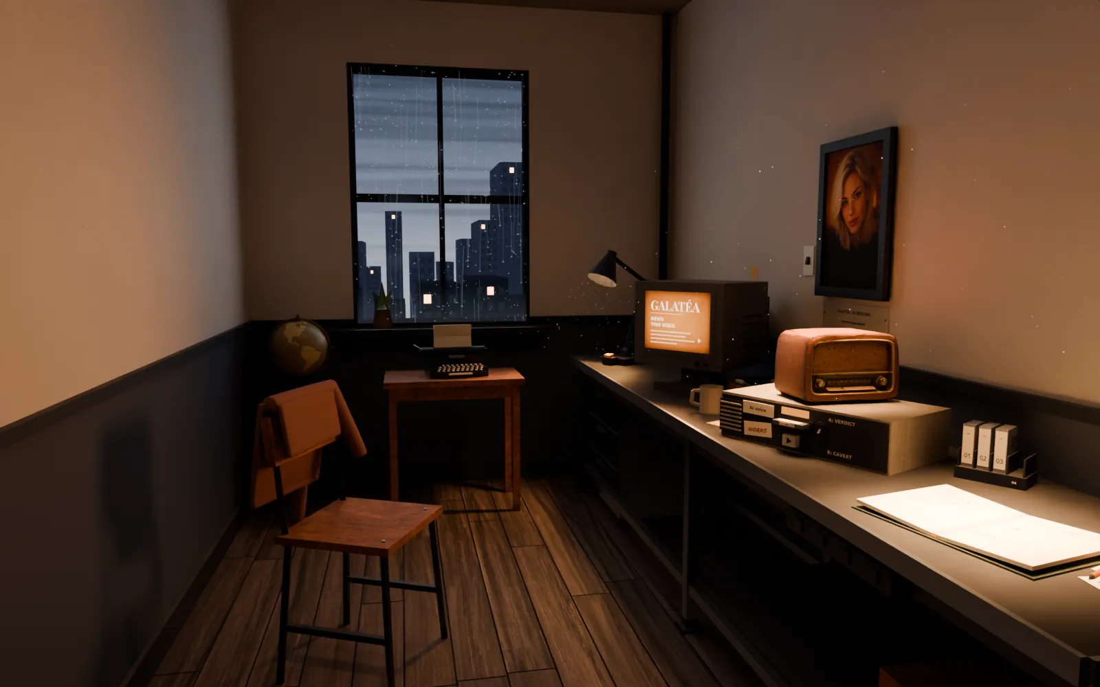 Galatéa's desk at dusk in a small room above a repair shop. Rain streaks the window on the left under a grey, overcast evening sky, with a few lit windows in the city beyond. Under the window, a small writing table holds a black typewriter with a sheet rolled in. On the workbench, a desk lamp, an amber monitor reading GALATÉA, News, This week, a cassette deck with an old tube radio on top, four numbered tapes, a mug and an open notebook. In the corner by the window, a brass globe sits on a small side table. On the wall beside the screen, a portrait hangs on a bracket above a plate reading Galatéa, AI persona, portrait AI-generated. An empty chair with a sweater over its back stands by the bench.