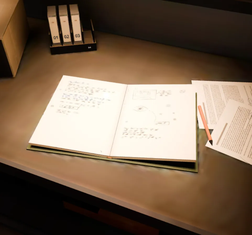 An open notebook of handwritten notes and sketches on a desk, beside loose printed pages and a pencil.